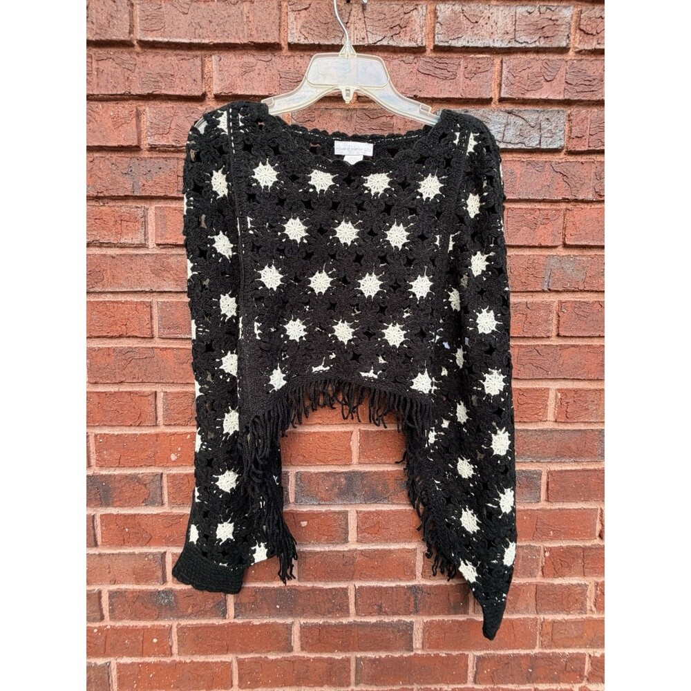 House of Harlow Crochet Knit Fringe One Size Black Cream Festival Boho 16